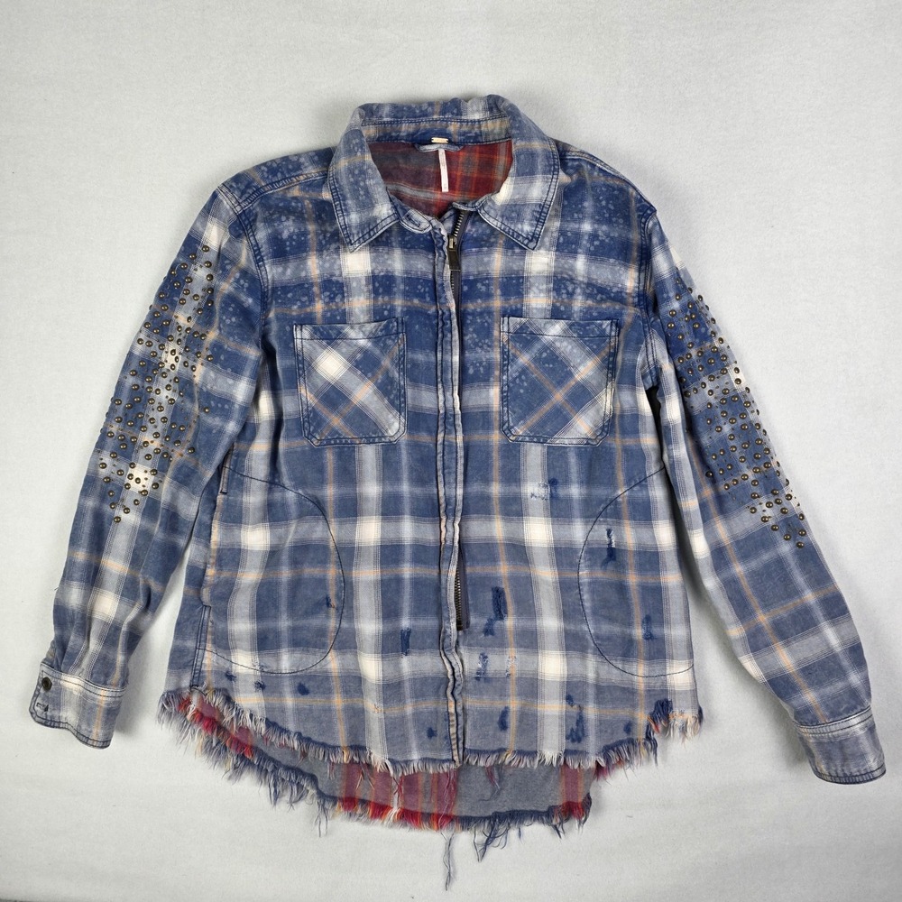 Free People Destructed Jacket Womens XS Plaid Oversized Zip Shacket Distressed